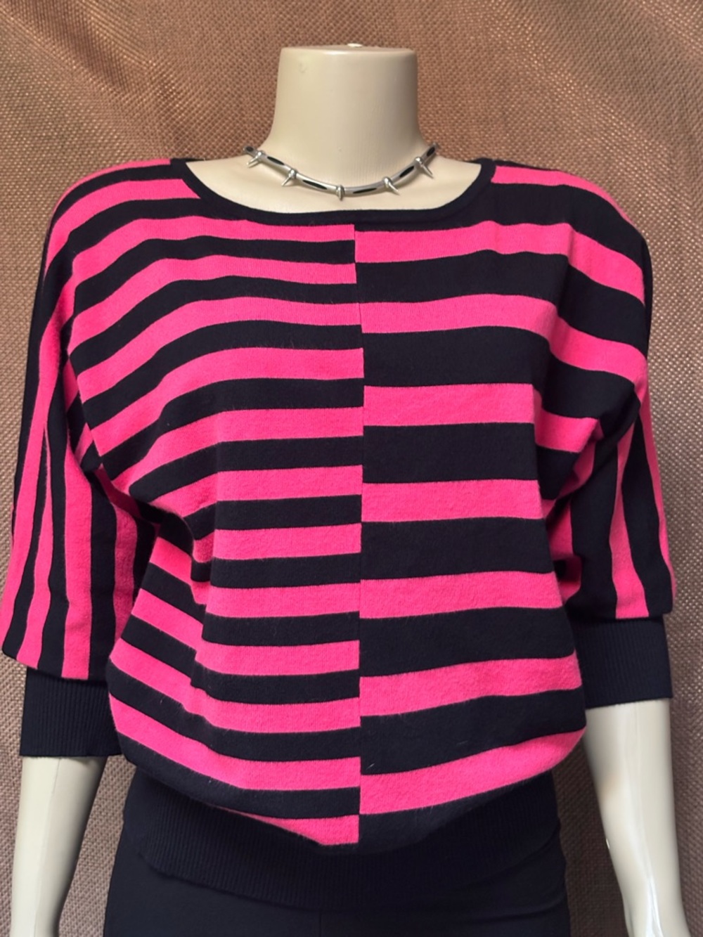 Cable & Gauge Hot Pink and Black Striped Crewneck Sweater